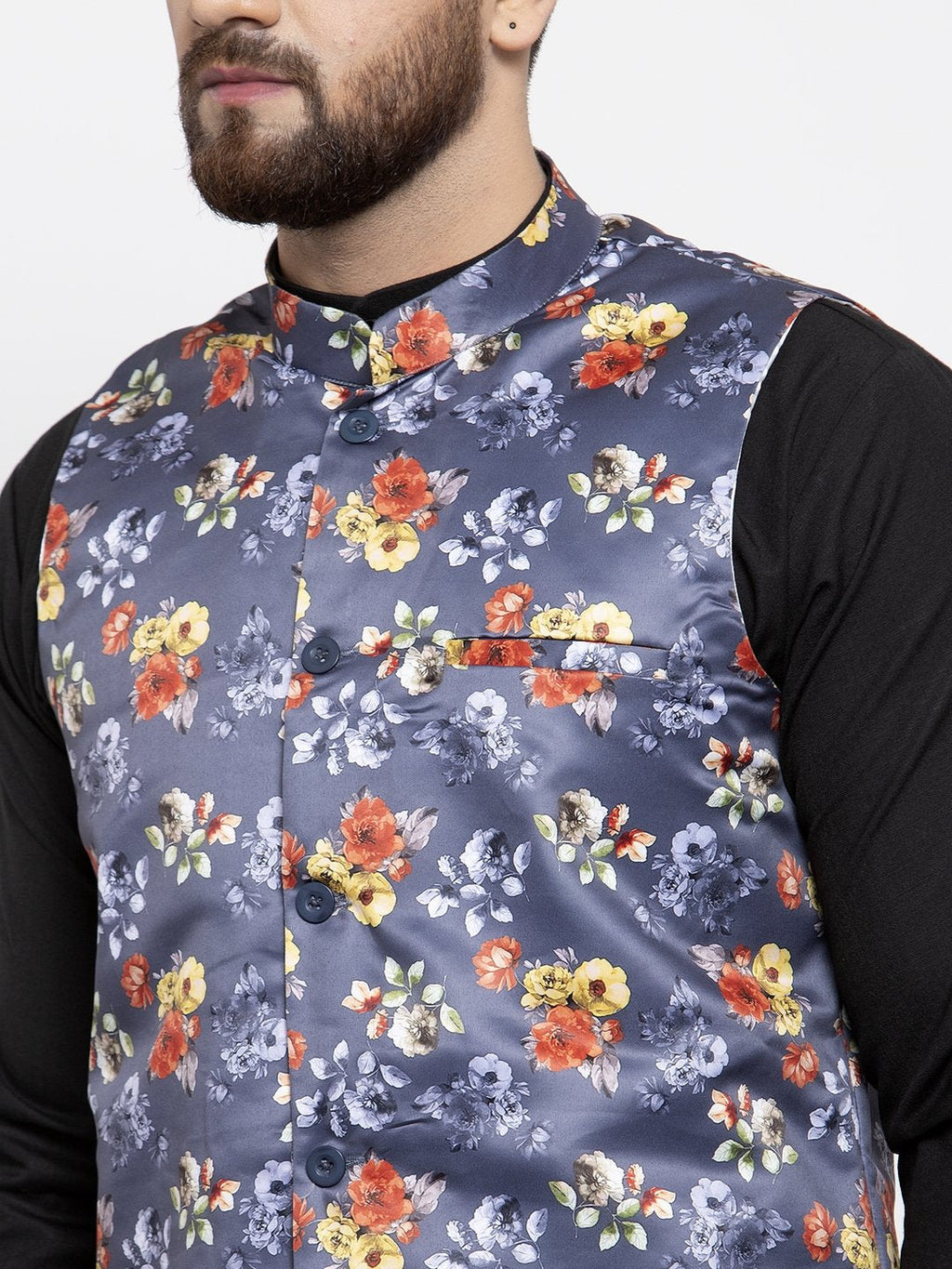 Jompers Men Grey Printed Satin Nehru Jacket - Distacart