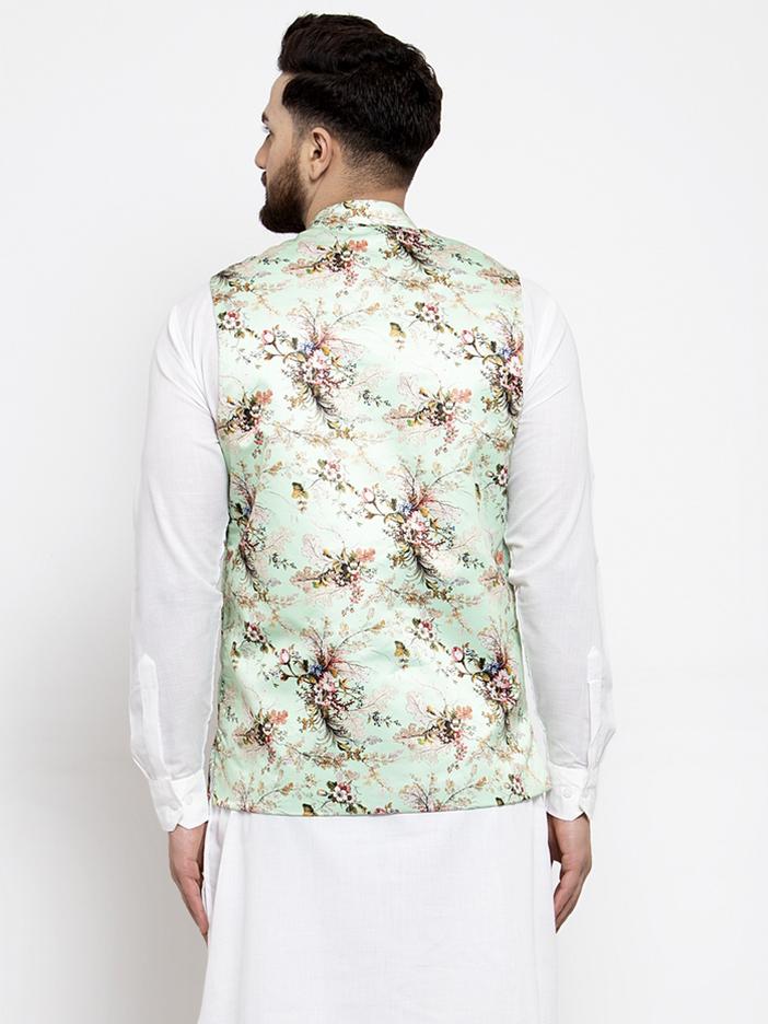 Jompers Men Lime-Green Printed Satin Nehru Jacket - Distacart