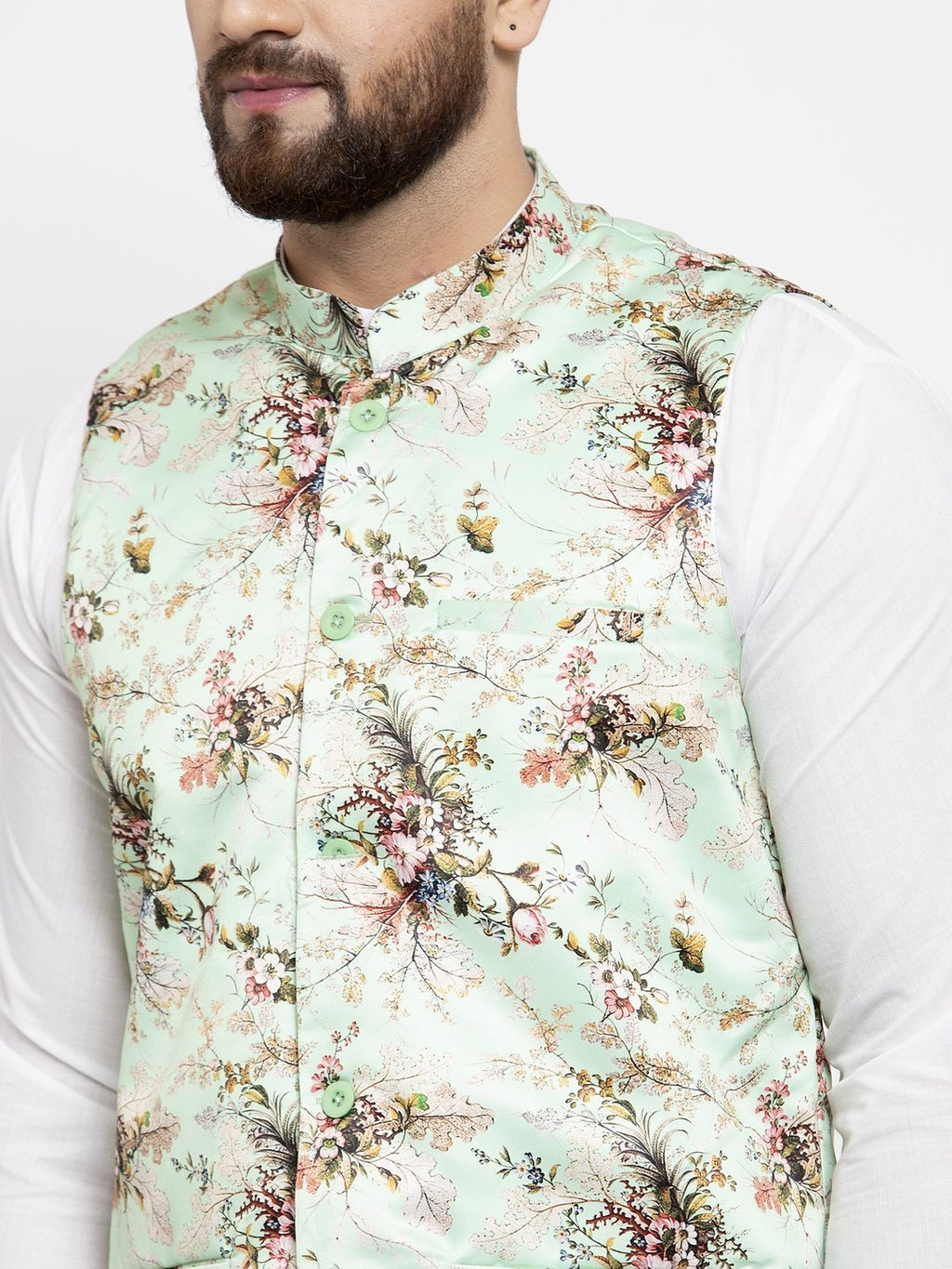 Jompers Men Lime-Green Printed Satin Nehru Jacket - Distacart