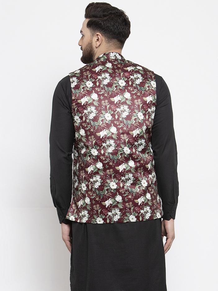 Jompers Men Maroon Printed Satin Nehru Jacket - Distacart