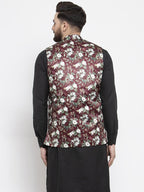 Jompers Men Maroon Printed Satin Nehru Jacket - Distacart