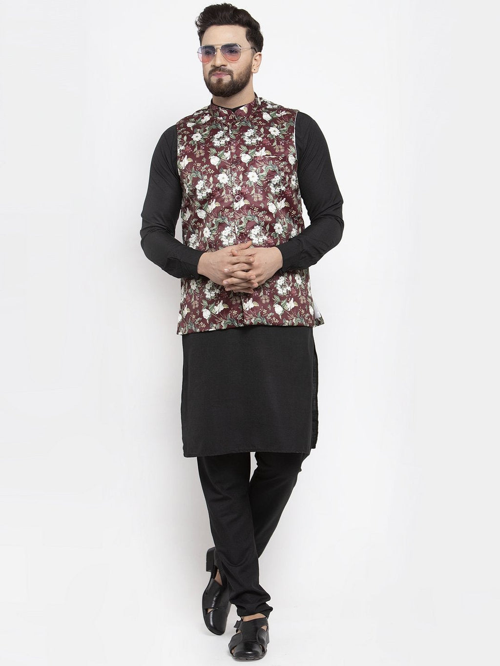 Jompers Men Maroon Printed Satin Nehru Jacket - Distacart