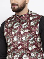 Jompers Men Maroon Printed Satin Nehru Jacket - Distacart