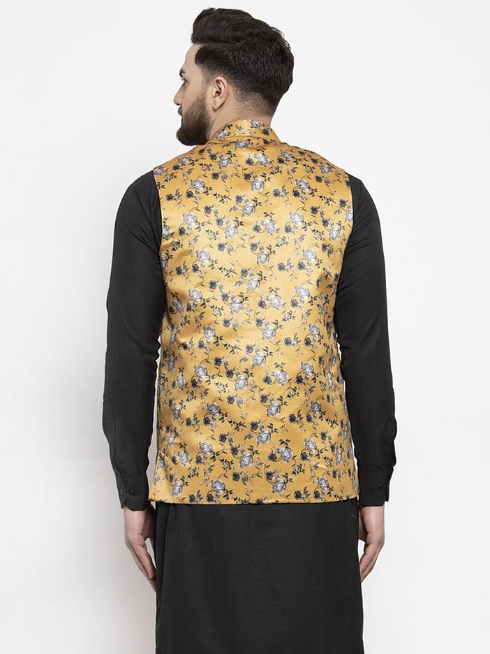 Jompers Men Mustard Printed Satin Nehru Jacket - Distacart