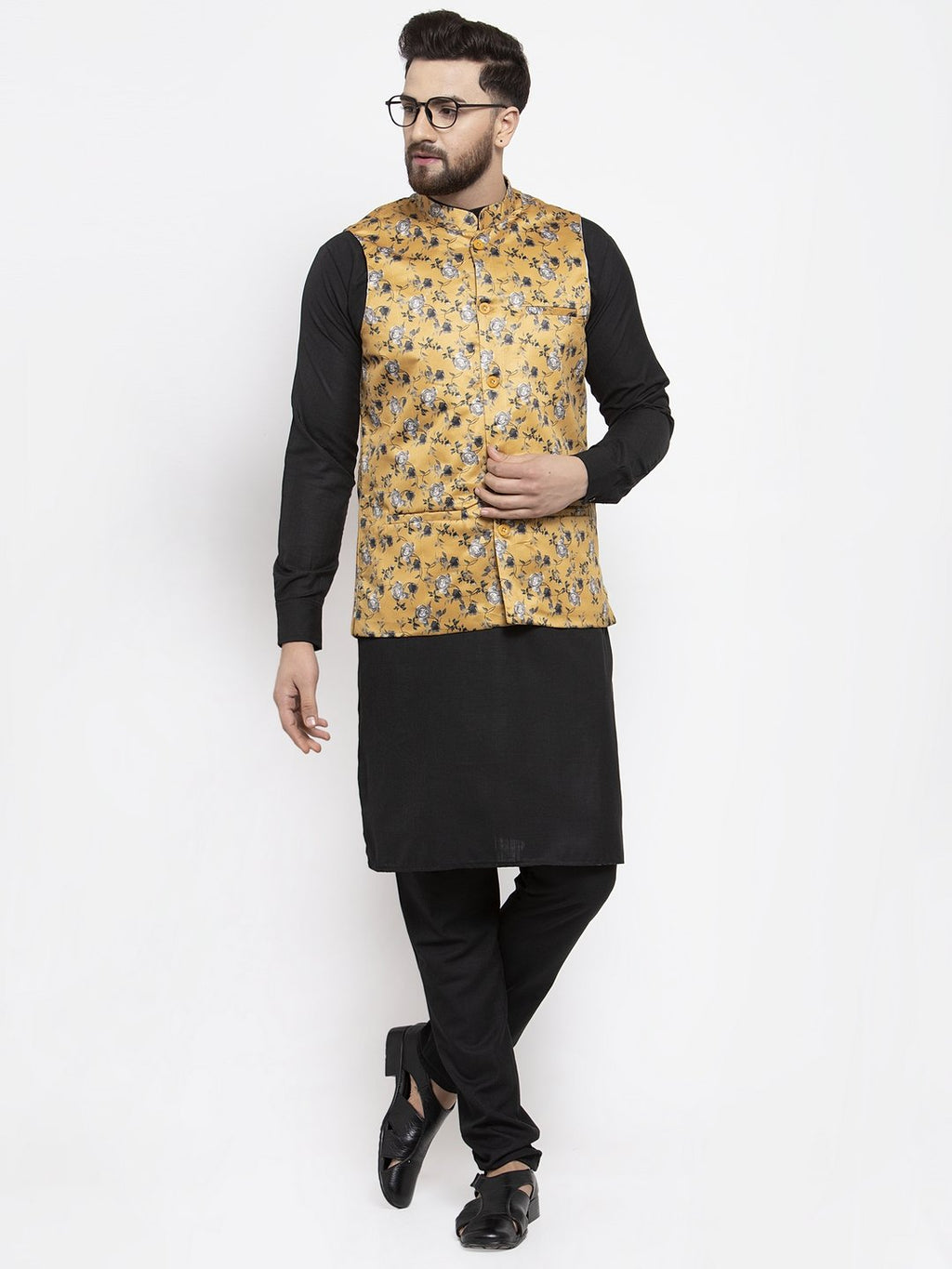 Jompers Men Mustard Printed Satin Nehru Jacket - Distacart