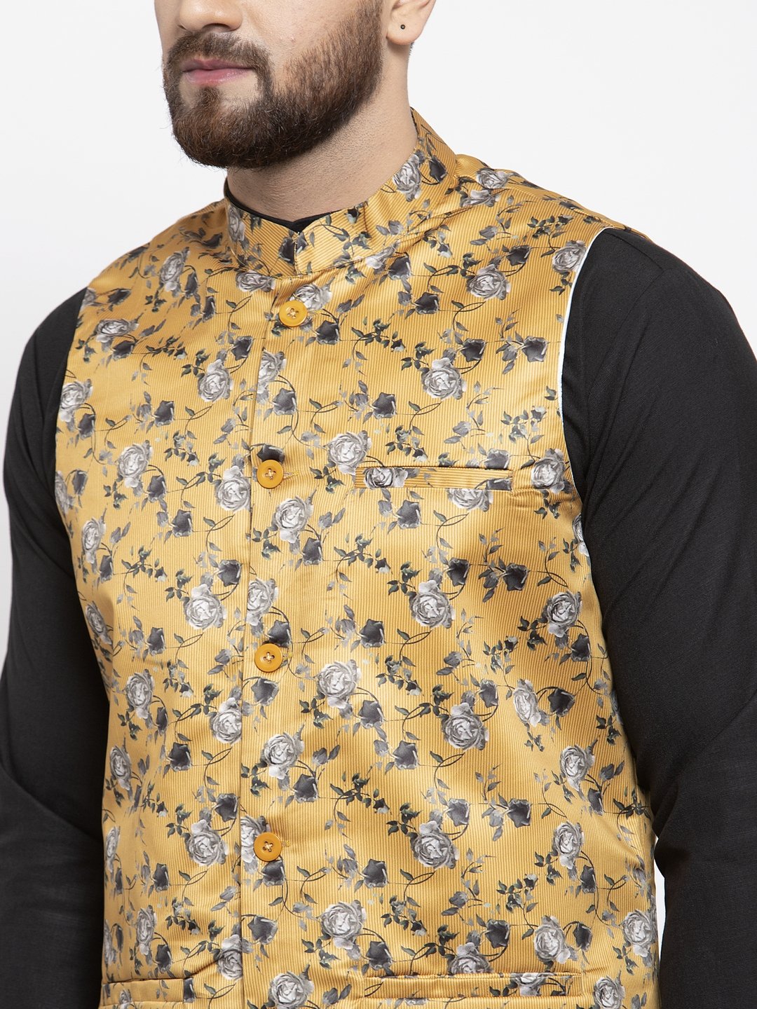 Jompers Men Mustard Printed Satin Nehru Jacket - Distacart