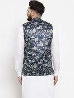 Jompers Men Navy-Blue Printed Satin Nehru Jacket - Distacart