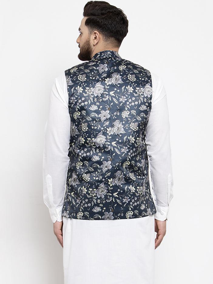 Jompers Men Navy-Blue Printed Satin Nehru Jacket - Distacart