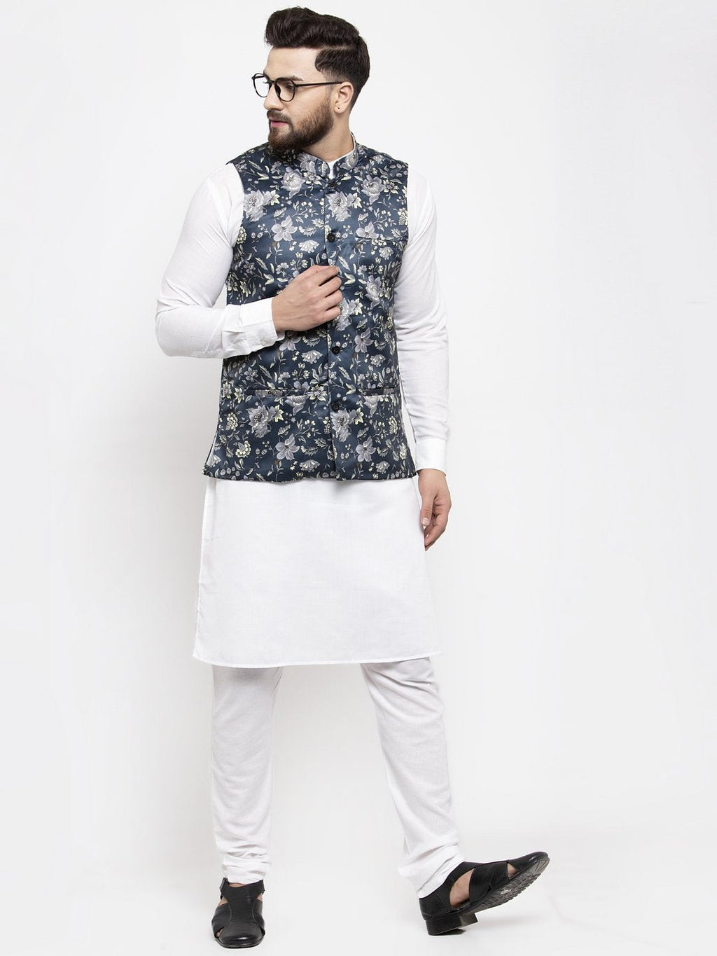 Jompers Men Navy-Blue Printed Satin Nehru Jacket - Distacart