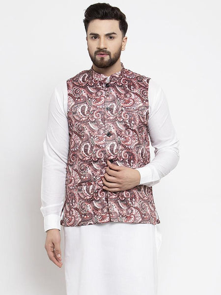 Jompers Men Pink Printed Satin Nehru Jacket