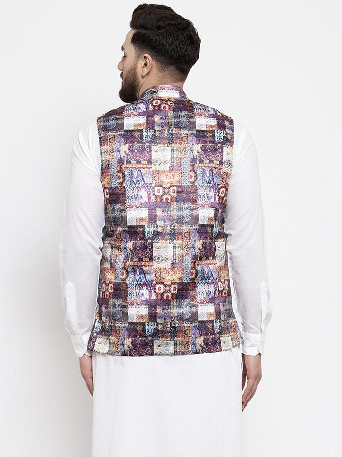 Jompers Men Purple Printed Satin Nehru Jacket - Distacart