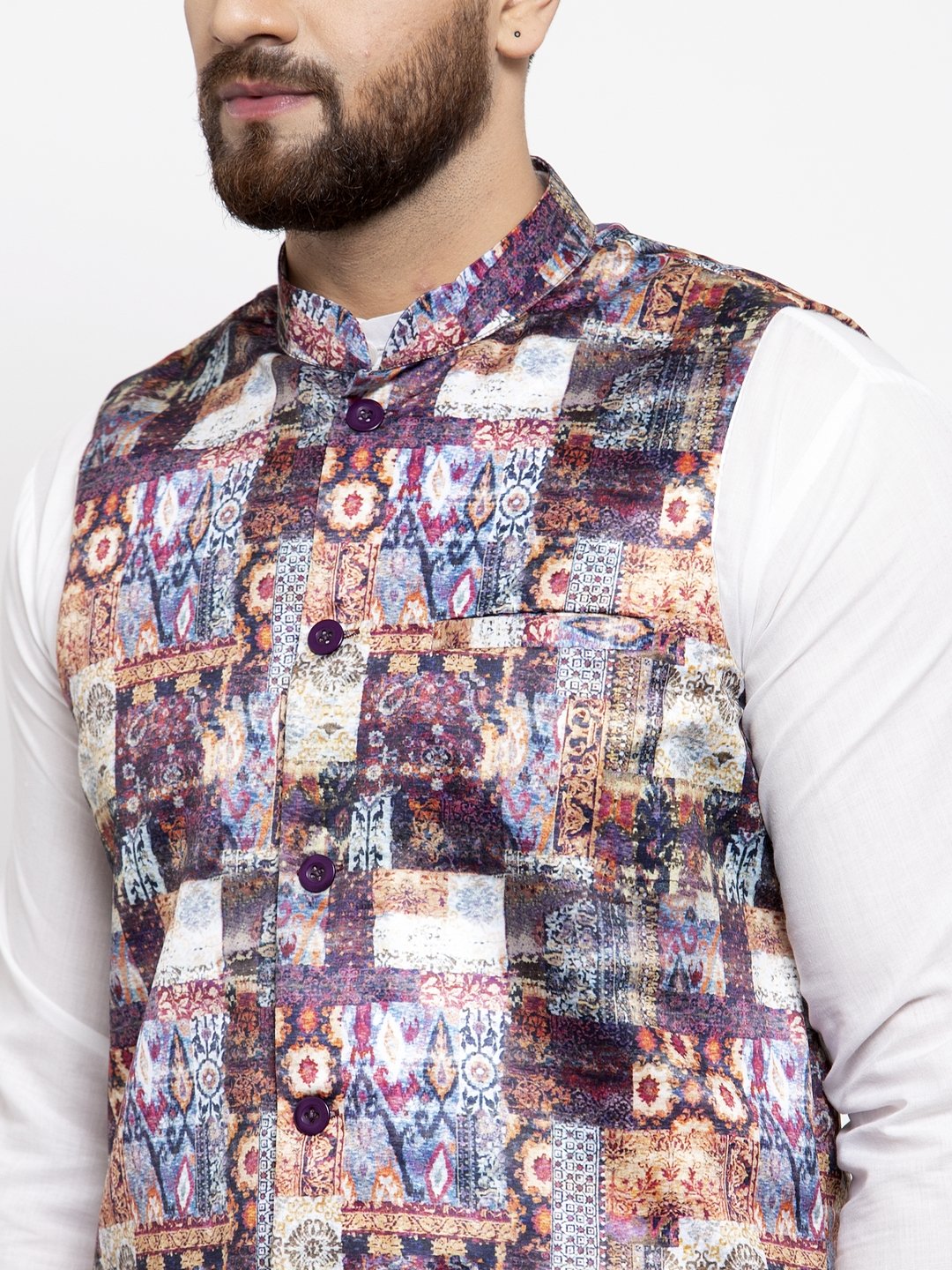 Jompers Men Purple Printed Satin Nehru Jacket - Distacart