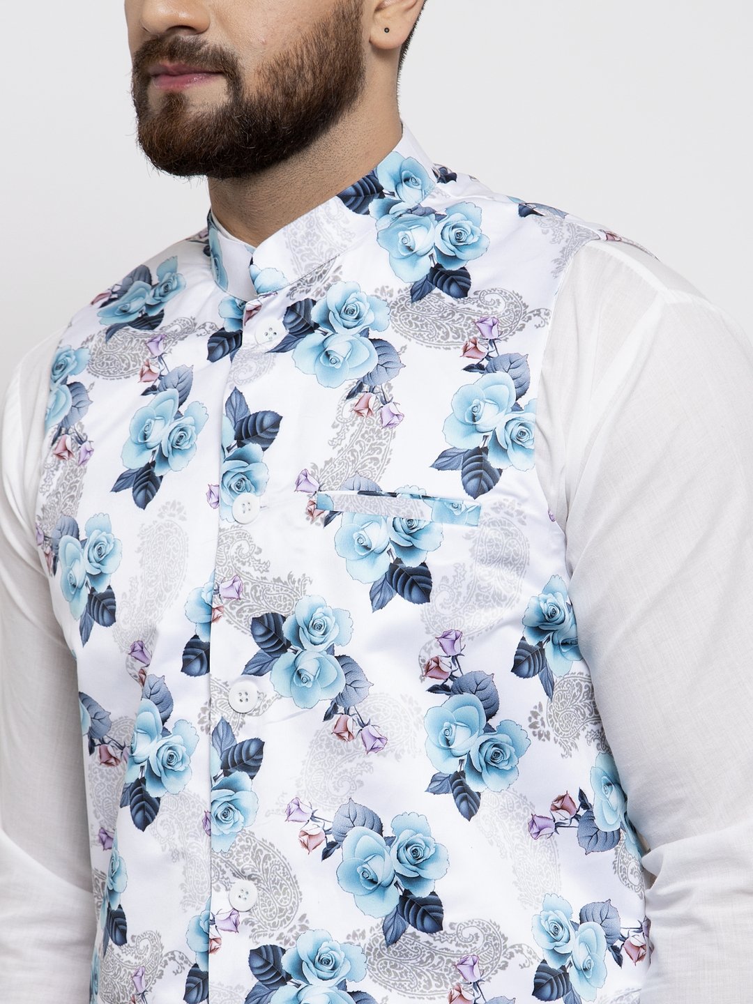 Jompers Men Silver Printed Satin Nehru Jacket - Distacart