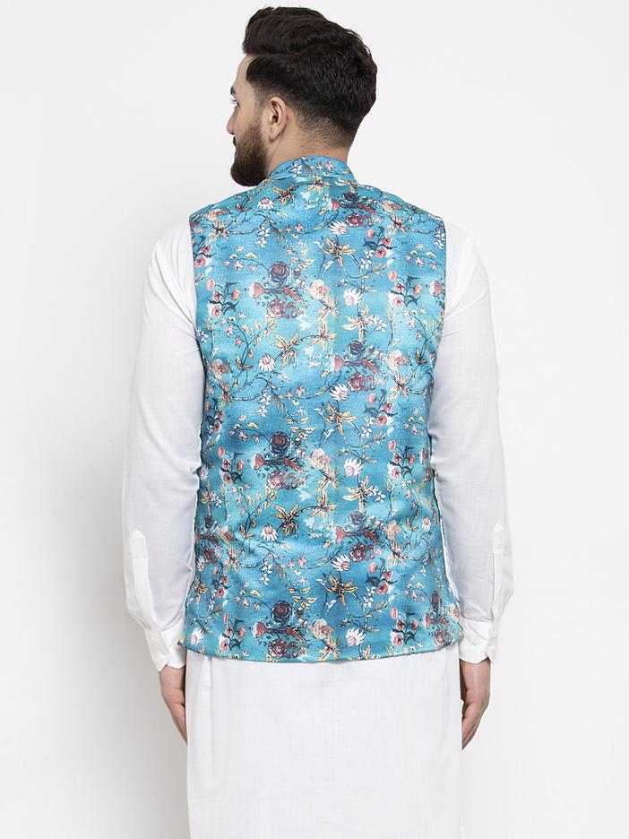 Jompers Men Sky-Blue Printed Satin Nehru Jacket - Distacart