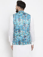 Jompers Men Sky-Blue Printed Satin Nehru Jacket - Distacart