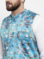 Jompers Men Sky-Blue Printed Satin Nehru Jacket - Distacart