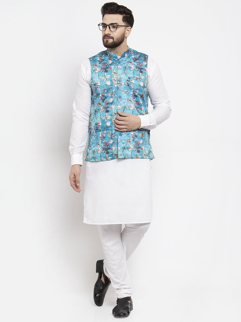 Jompers Men Sky-Blue Printed Satin Nehru Jacket - Distacart