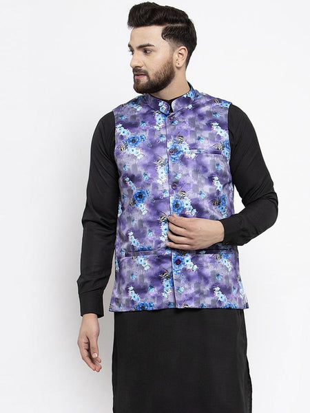Jompers Men Violet Printed Satin Nehru Jacket