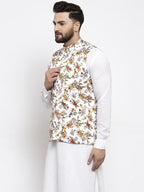 Jompers Men White Printed Satin Nehru Jacket - Distacart