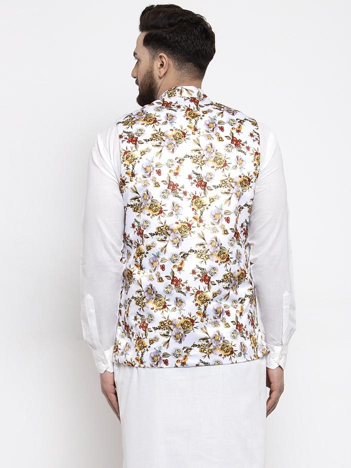 Jompers Men White Printed Satin Nehru Jacket - Distacart