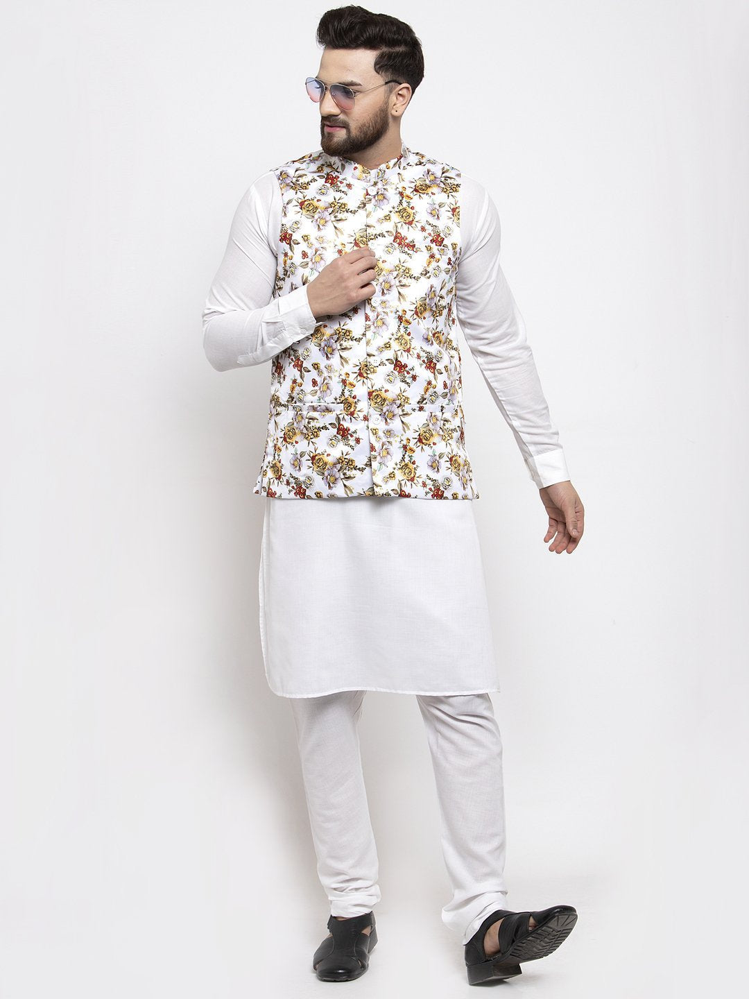 Jompers Men White Printed Satin Nehru Jacket - Distacart