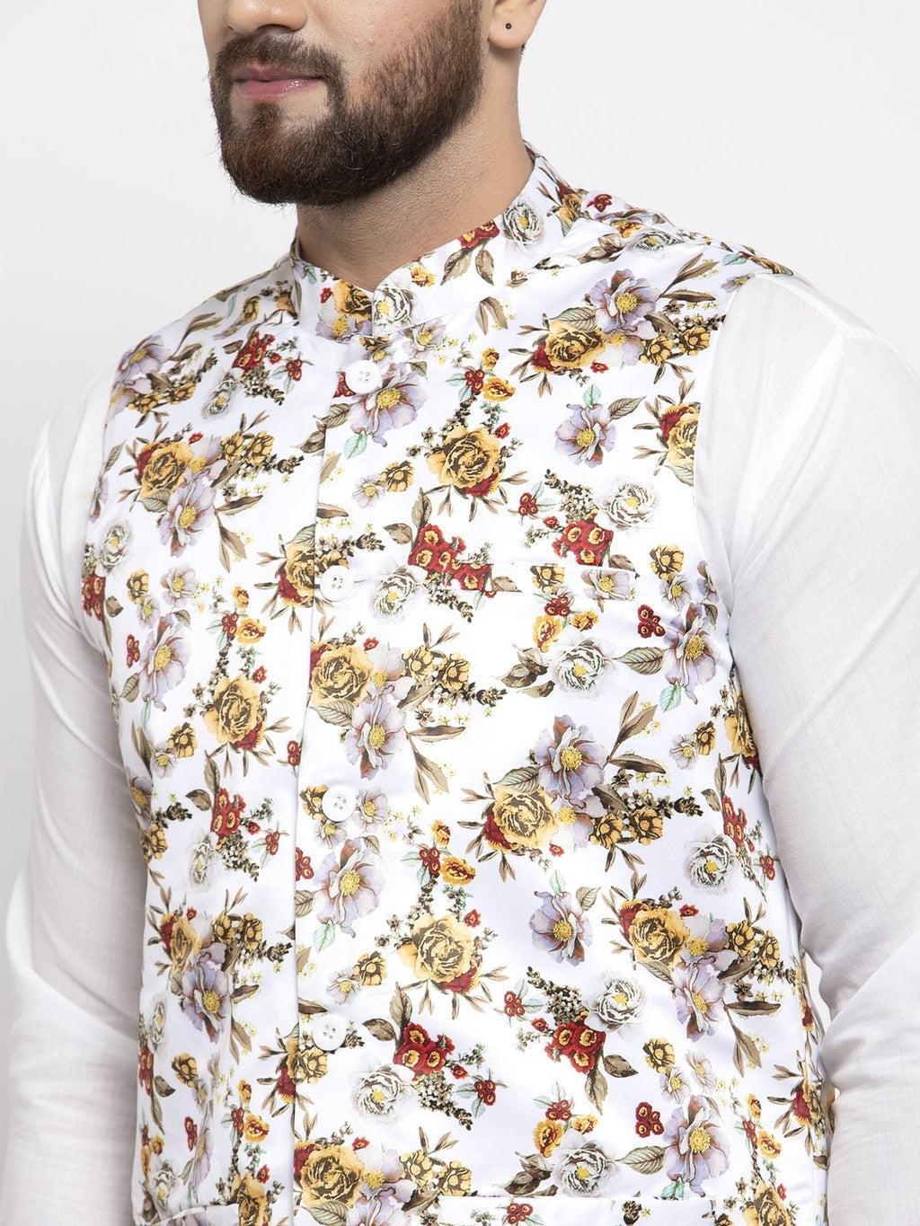 Jompers Men White Printed Satin Nehru Jacket - Distacart