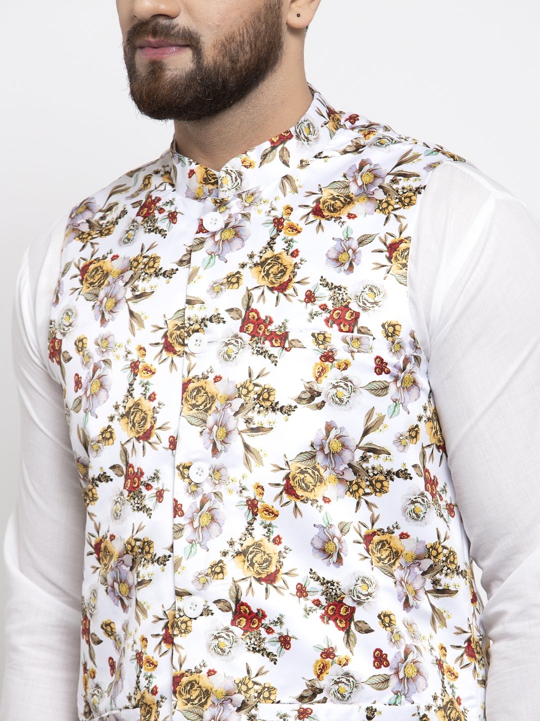 Jompers Men White Printed Satin Nehru Jacket - Distacart