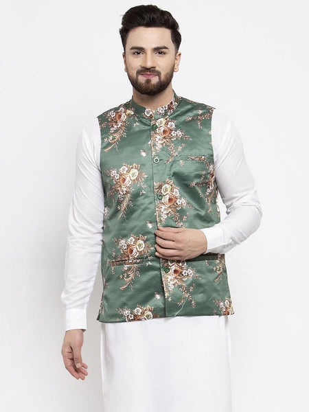 Jompers Men Green & Brown Printed Satin Nehru Jacket