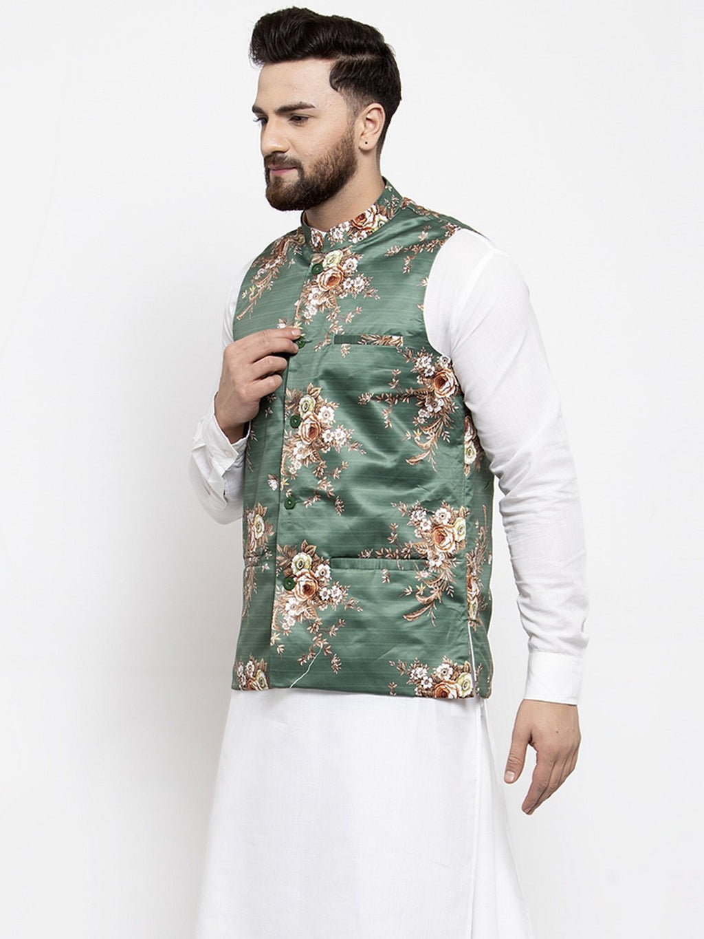 Jompers Men Green & Brown Printed Satin Nehru Jacket - Distacart