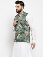 Jompers Men Green & Brown Printed Satin Nehru Jacket - Distacart