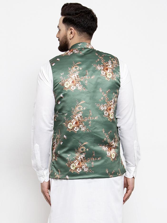 Jompers Men Green & Brown Printed Satin Nehru Jacket - Distacart