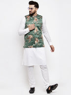 Jompers Men Green & Brown Printed Satin Nehru Jacket - Distacart