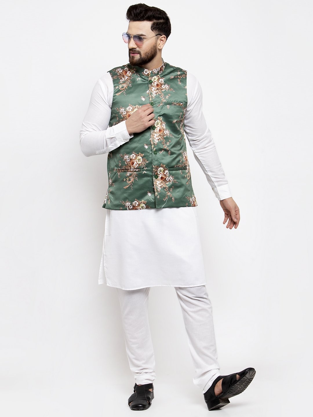 Jompers Men Green & Brown Printed Satin Nehru Jacket - Distacart