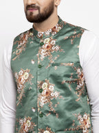 Jompers Men Green & Brown Printed Satin Nehru Jacket - Distacart