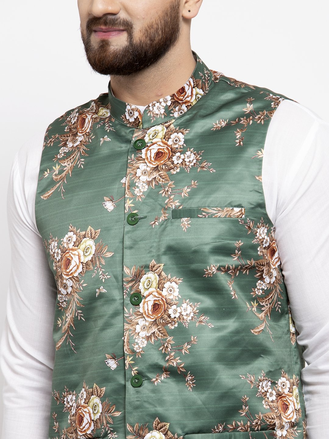 Jompers Men Green & Brown Printed Satin Nehru Jacket - Distacart