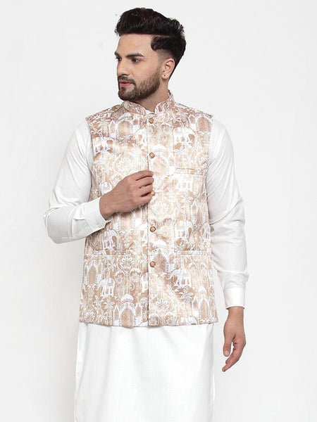 Jompers Men Beige Printed Satin Nehru Jacket