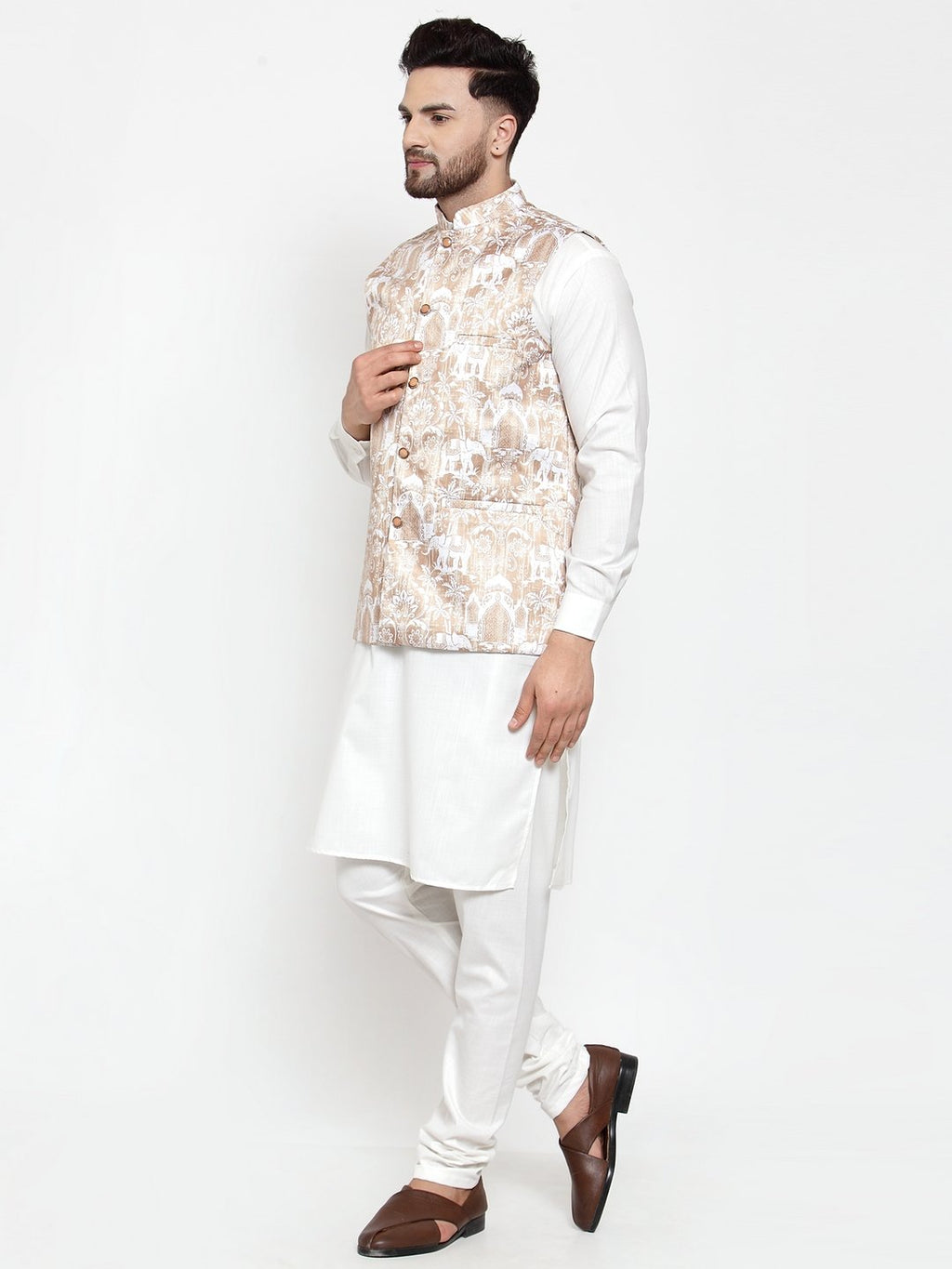 Jompers Men Beige Printed Satin Nehru Jacket - Distacart