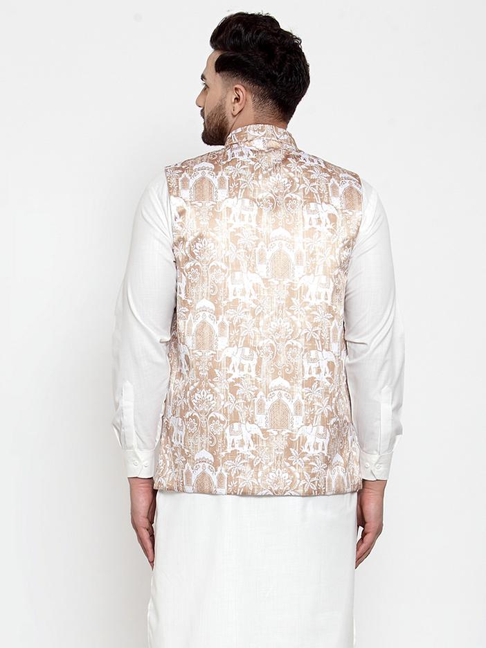 Jompers Men Beige Printed Satin Nehru Jacket - Distacart