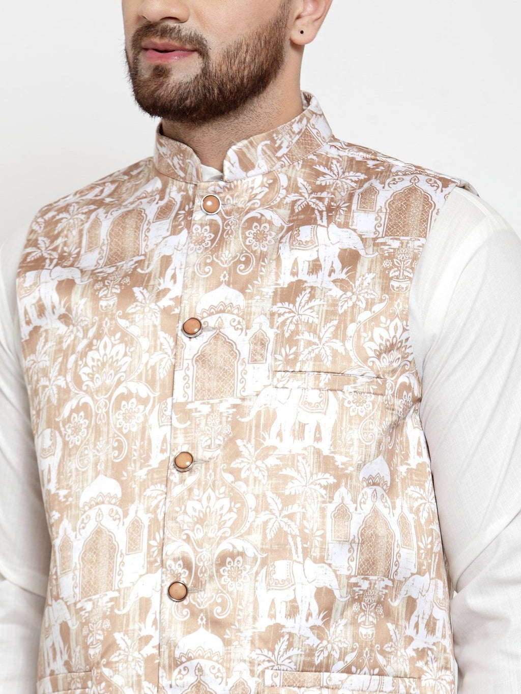 Jompers Men Beige Printed Satin Nehru Jacket - Distacart