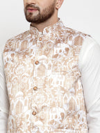 Jompers Men Beige Printed Satin Nehru Jacket - Distacart