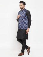 Jompers Men Navy-Blue Printed Satin Nehru Jacket - Distacart