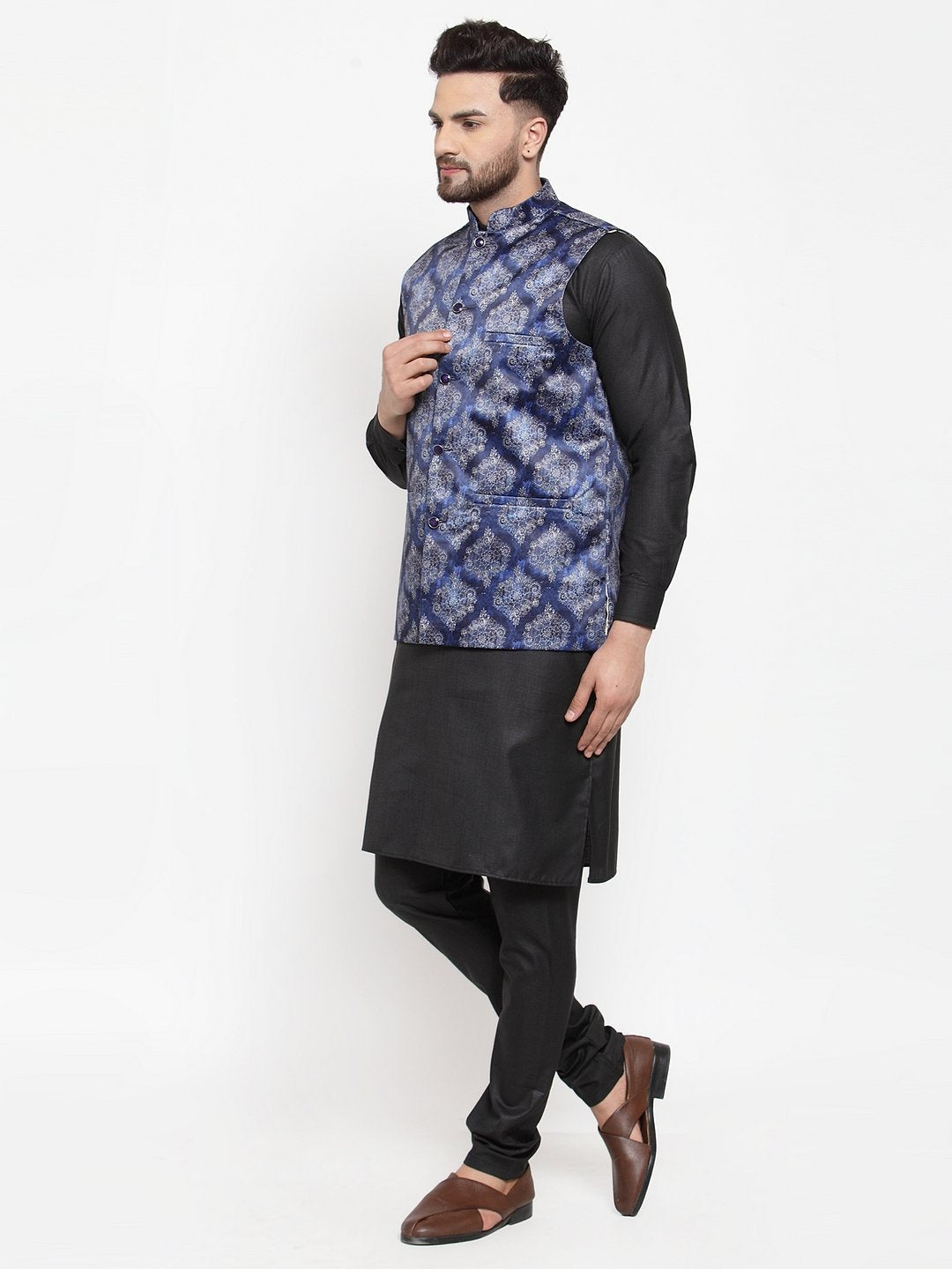 Jompers Men Navy-Blue Printed Satin Nehru Jacket - Distacart