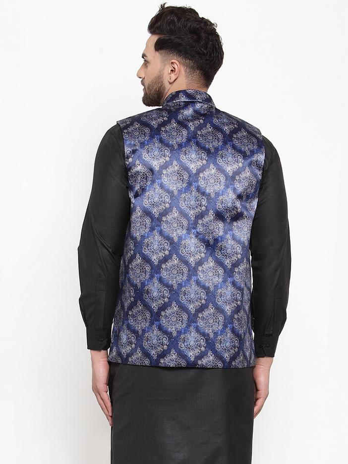 Jompers Men Navy-Blue Printed Satin Nehru Jacket - Distacart
