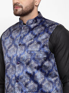 Jompers Men Navy-Blue Printed Satin Nehru Jacket - Distacart