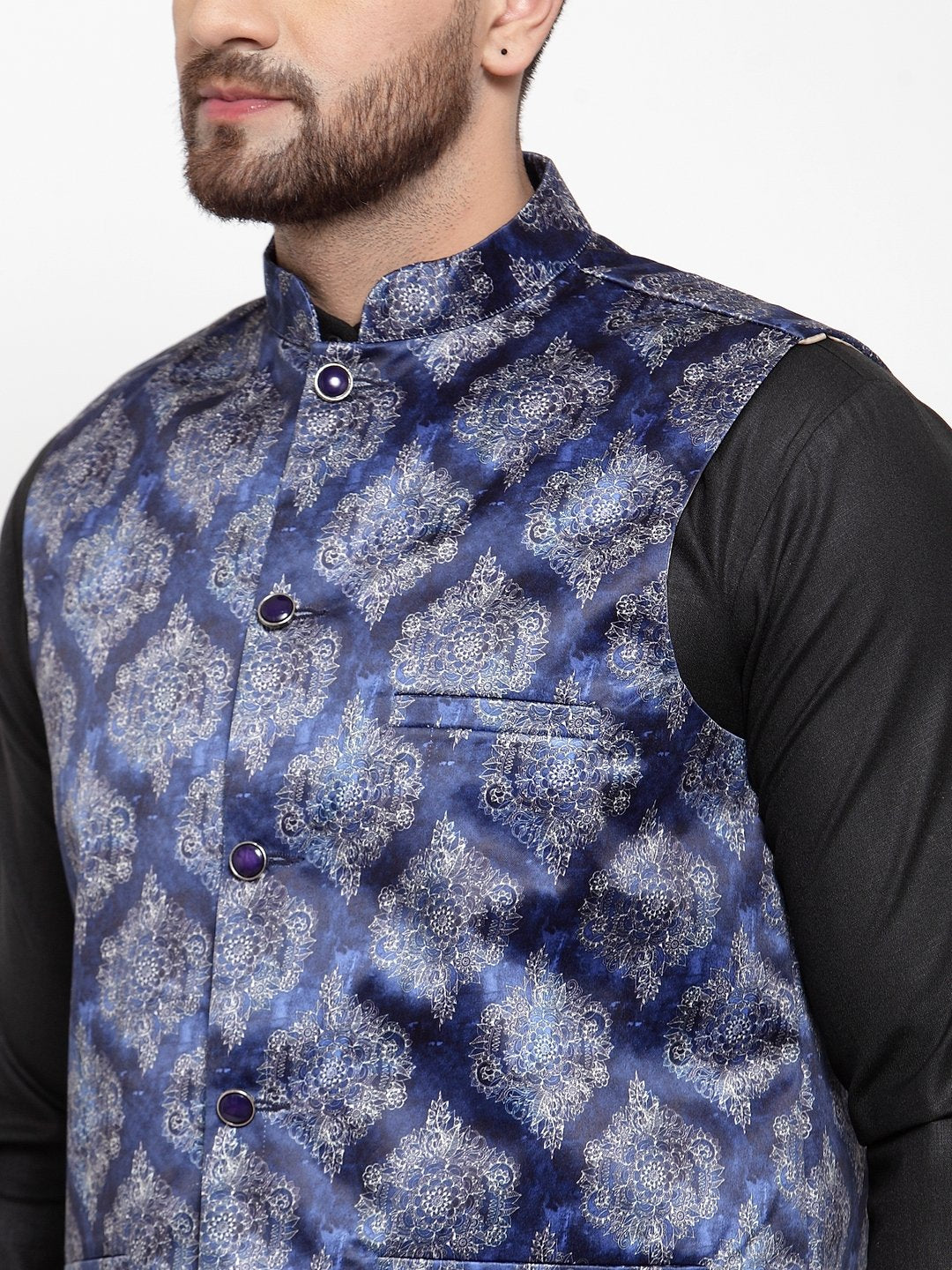 Jompers Men Navy-Blue Printed Satin Nehru Jacket - Distacart