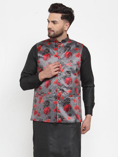 Jompers Men's Grey Printed Satin Nehru Jacket