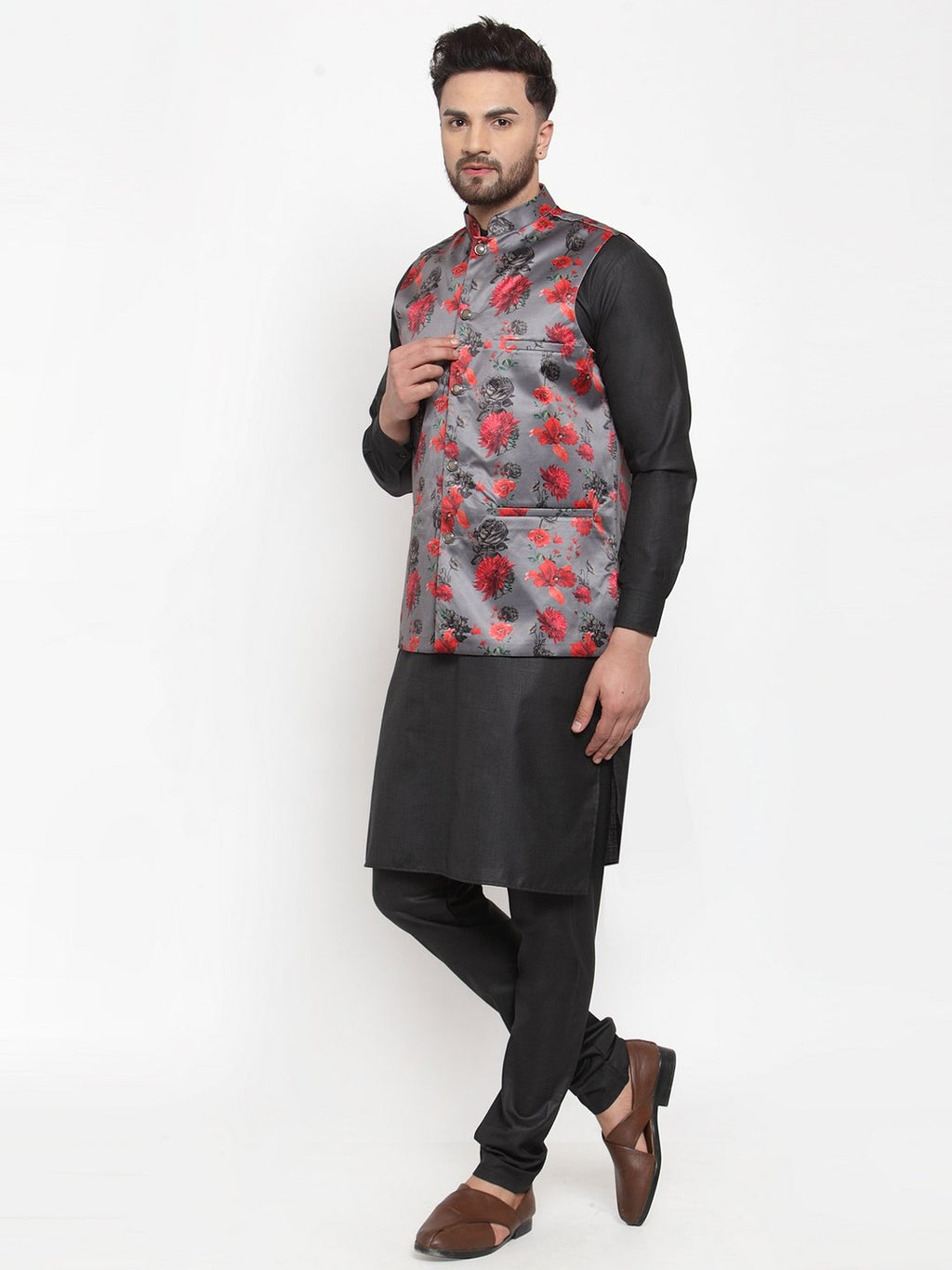 Jompers Men Grey Printed Satin Nehru Jacket - Distacart