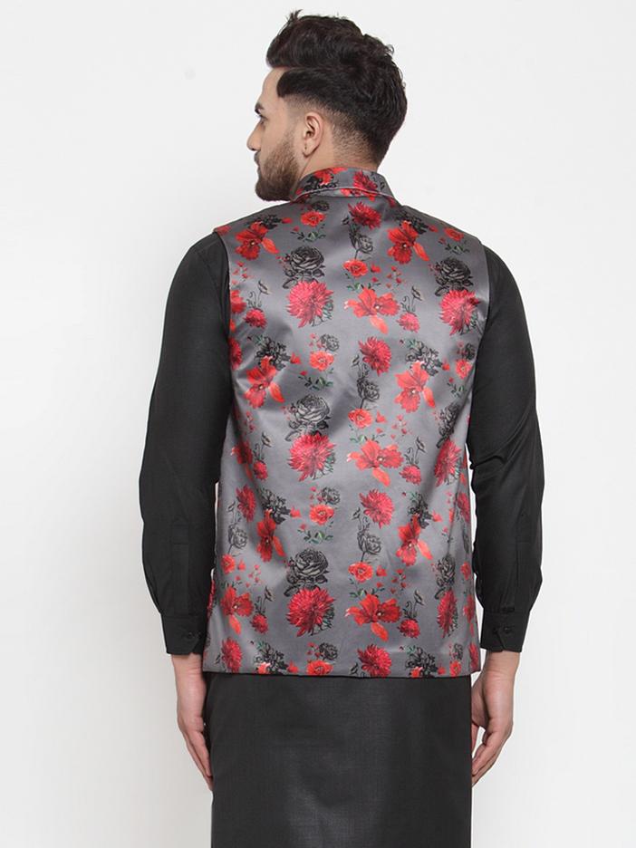Jompers Men Grey Printed Satin Nehru Jacket - Distacart