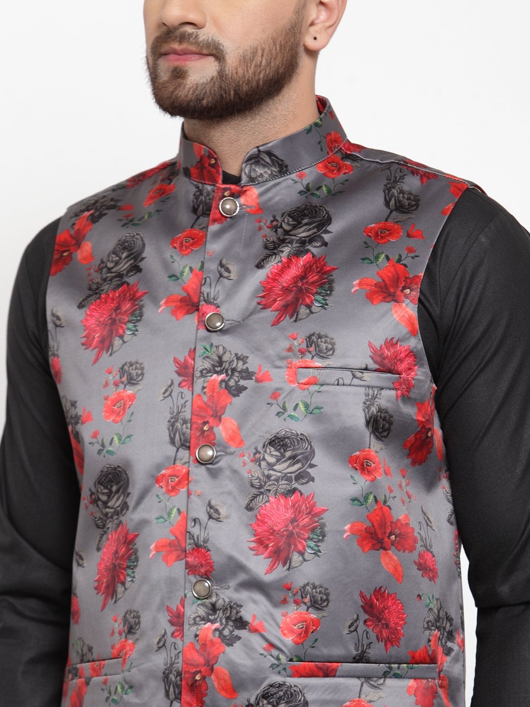 Jompers Men Grey Printed Satin Nehru Jacket - Distacart