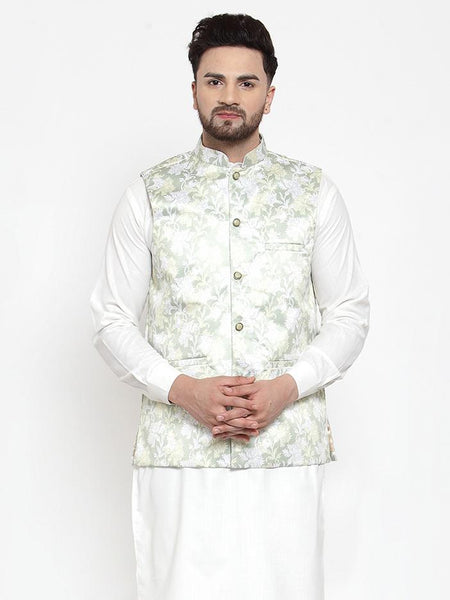 Jompers Men's Lime-Green Printed Satin Nehru Jacket